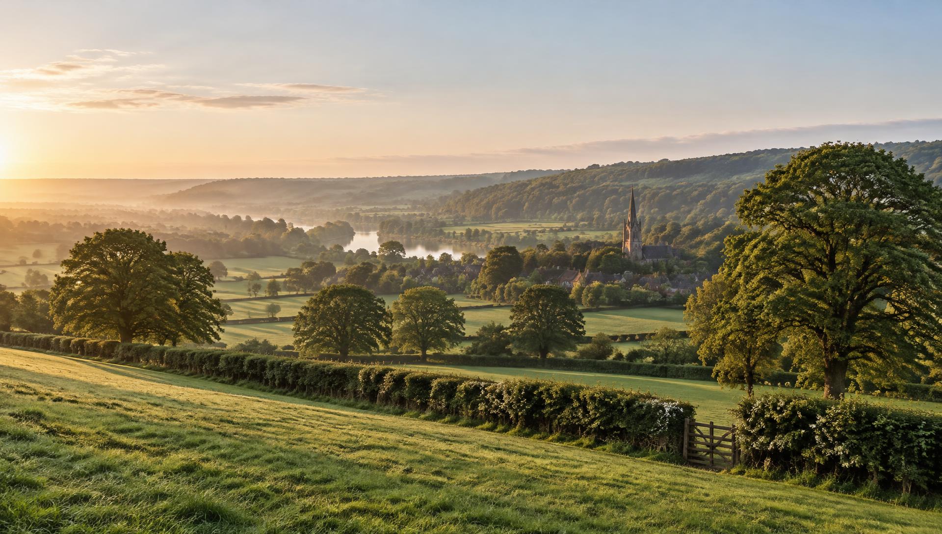 Illustrative view of rolling Thames Valley countryside with a village church spire
